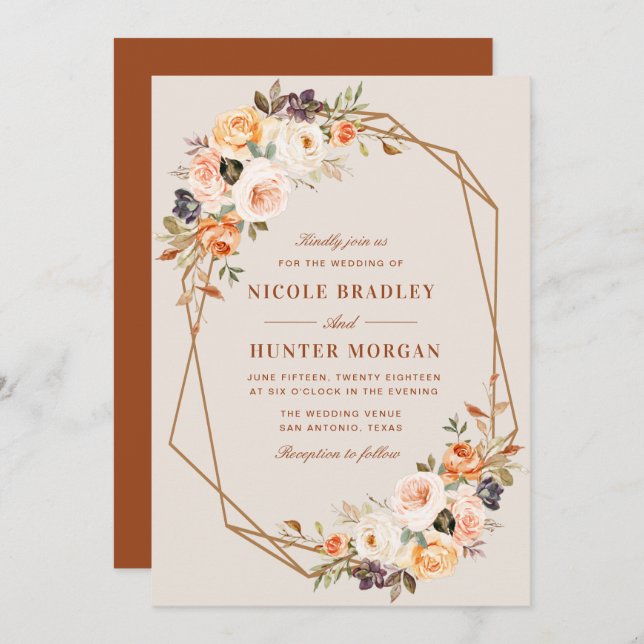 Invitation élégant mariage géométrique à fleurs à automne (Devant / Derrière)