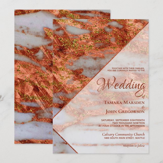 Invitation Élégant Mariage géométrique en marbre métallique e (Devant / Derrière)