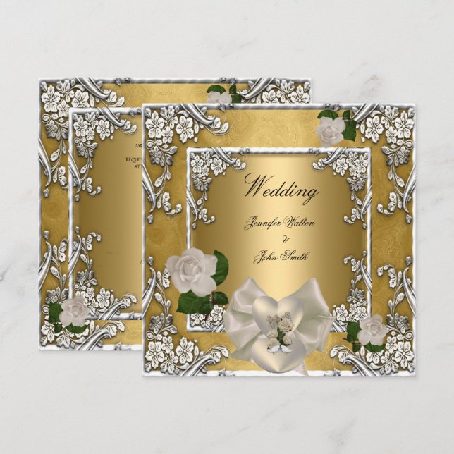 Invitation Elégant mariage Gold Cream Rose Argent (Devant / Derrière)