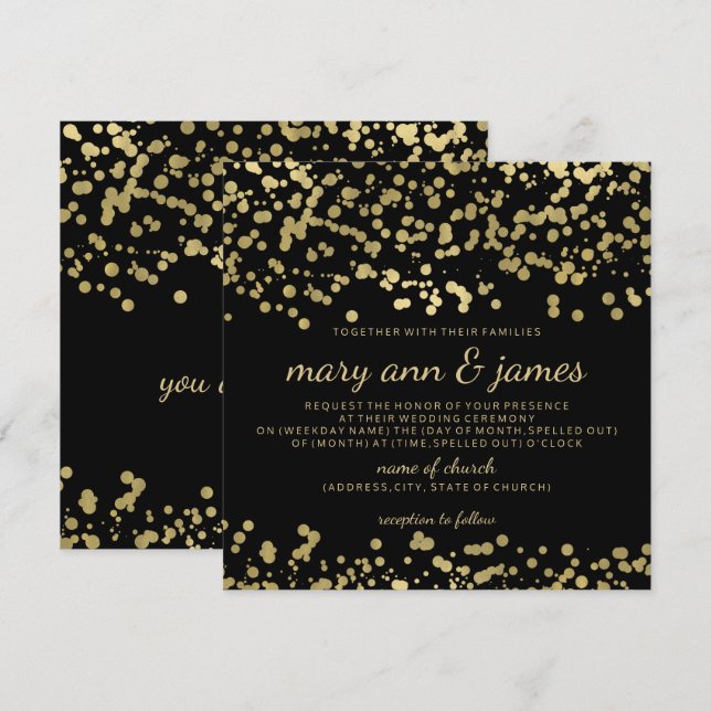 Invitation Elégant Mariage Gold Foil Look Confetti (Devant / Derrière)