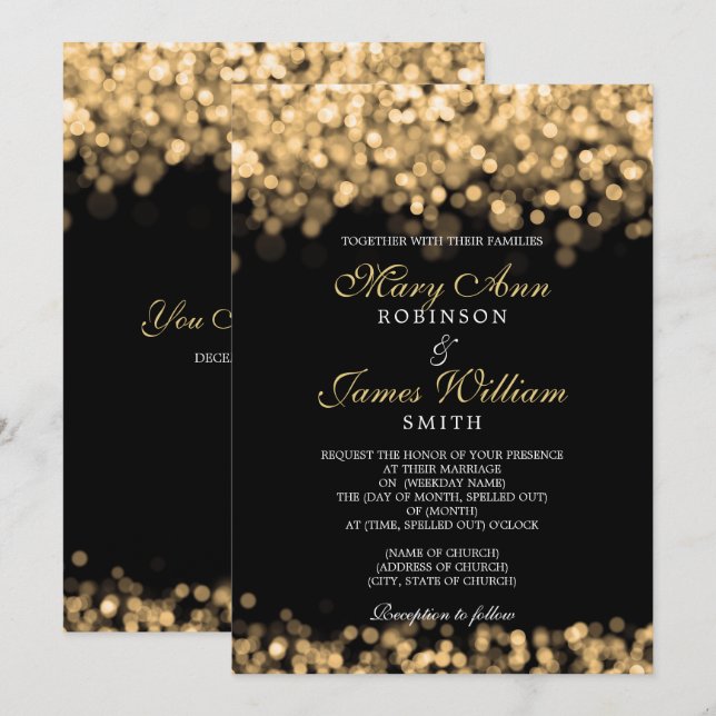 Invitation Élégant Mariage Gold Lights (Devant / Derrière)