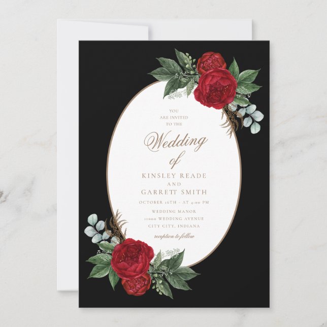 Invitation Élégant Mariage Gold Script Red Peonies (Devant)