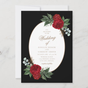Invitation Élégant Mariage Gold Script Red Peonies
