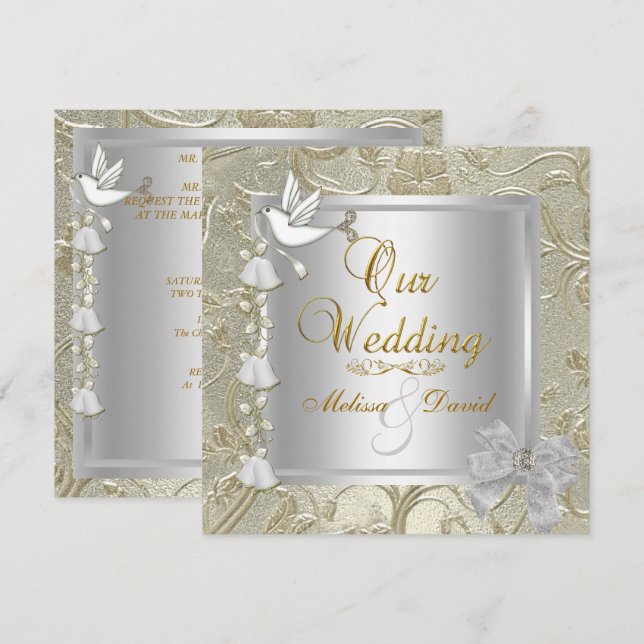 Invitation Elégant mariage Gold Silver White Dove Damask (Devant / Derrière)