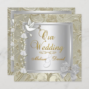 Invitation Elégant mariage Gold Silver White Dove Damask