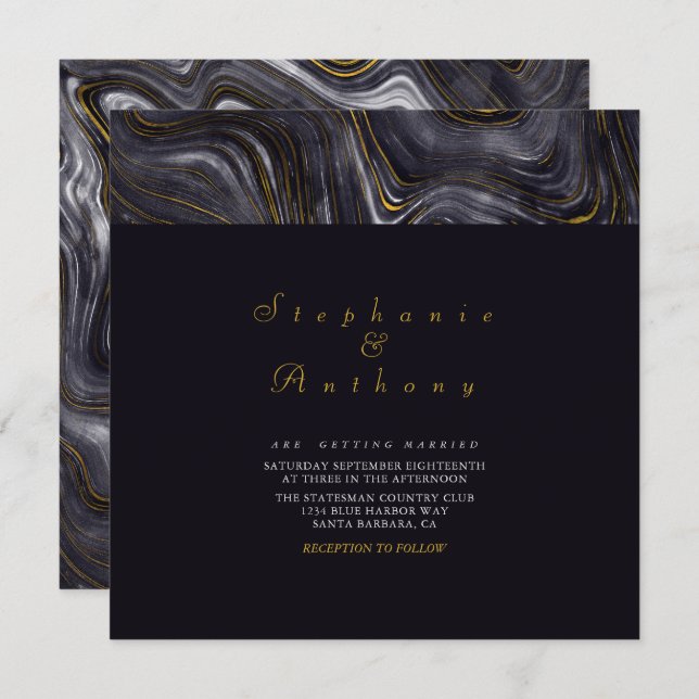 Invitation Elégant mariage gris or Agate Motif en marbre (Devant / Derrière)