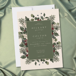 Invitation Élégant Mariage Hiver Baies & Pin Ivoire