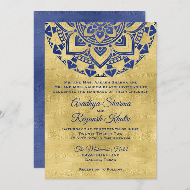Invitation Élégant Mariage indien Mandala en or bleu (Devant / Derrière)