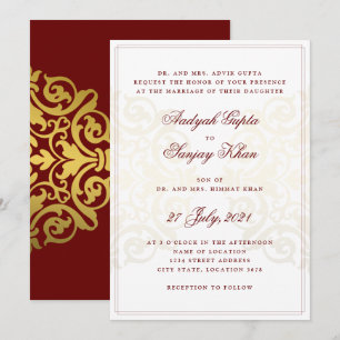 Invitation Élégant Mariage indien Mandala en or rouge bordeau