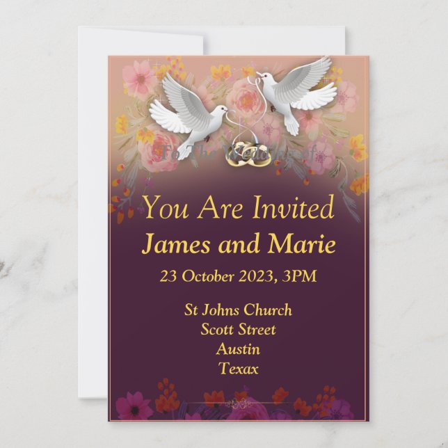 Invitation Elégant mariage Invitation, colombes et anneaux vi (Devant)