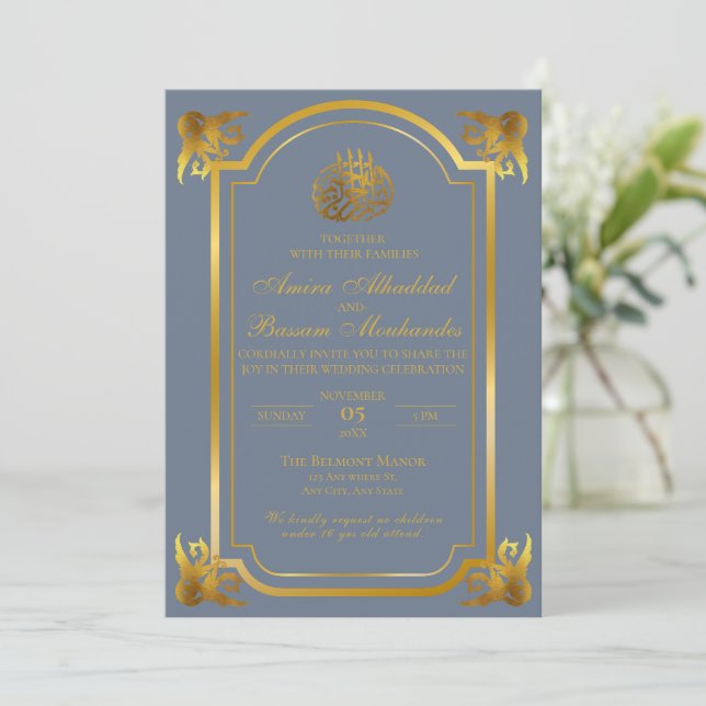 Invitation Élégant Mariage islamique Ardoise Bleu et Or (Debout devant)