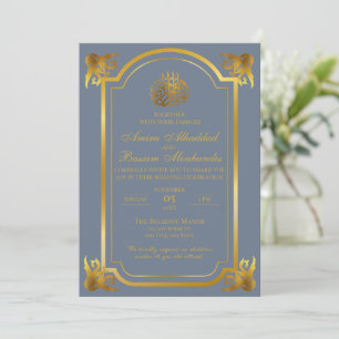 Invitation Élégant Mariage islamique Ardoise Bleu et Or