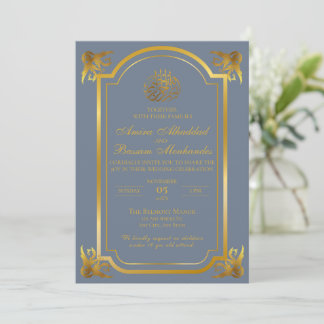 Invitation Élégant Mariage islamique Ardoise Bleu et Or