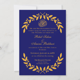 Invitation Elégant Mariage islamique bleu et feuille d'or