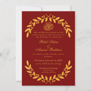 Invitation Élégant Mariage islamique de feuille rouge et or