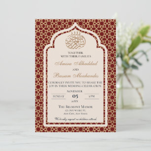 Invitation Élégant Mariage islamique rouge et or