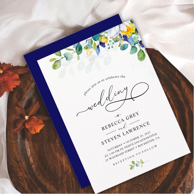 Invitation Élégant mariage jaune floral bleu blanc (Créateur téléchargé)