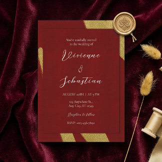 Invitation Élégant Mariage Luxueux Script Bordeaux et Or
