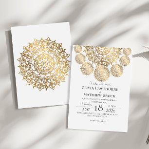 Invitation Élégant Mariage Mandala Gold Blanc