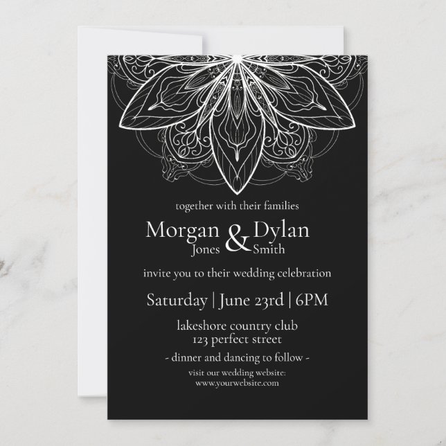 Invitation Élégant Mariage Mandala noir et blanc (Devant)