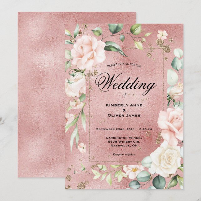 Invitation Élégant Mariage métallique rose Eucalyptus Floral (Devant / Derrière)