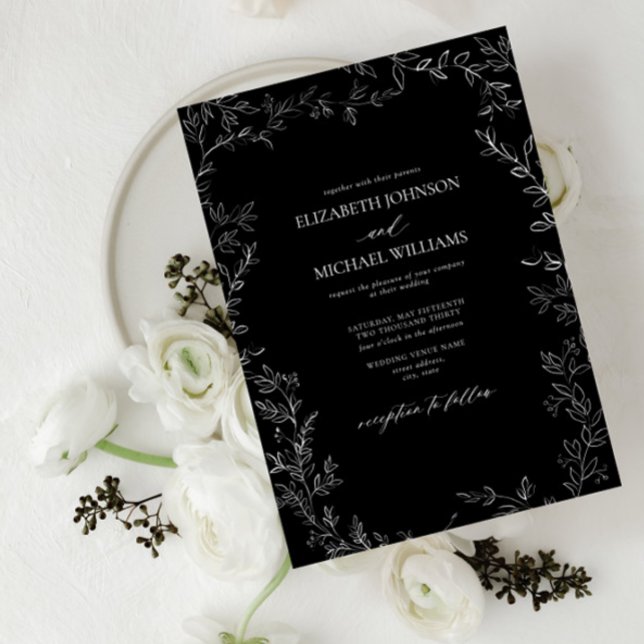 Invitation Élégant Mariage minimal feuille noir & blanc moder (Créateur téléchargé)