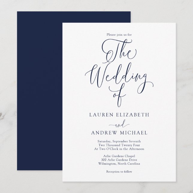 Invitation Élégant Mariage minimaliste bleu marine (Devant / Derrière)