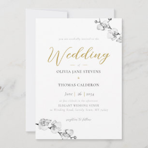 Invitation Élégant Mariage moderne Black White Gold Orchidée