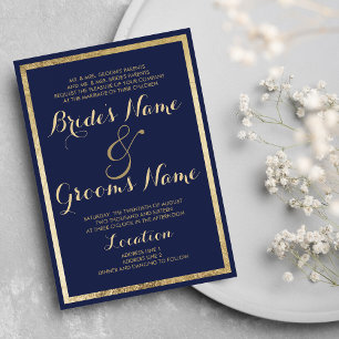 Invitation Elégant Mariage moderne bleu faux or élégant