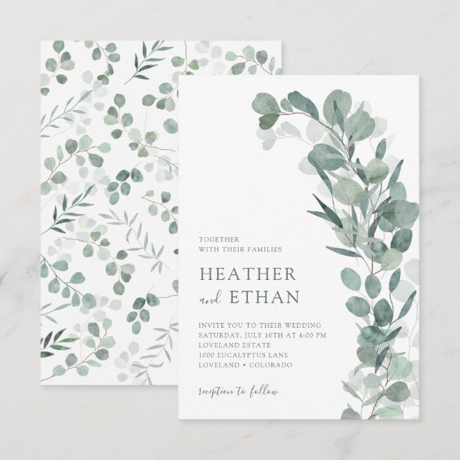 Invitation Élégant Mariage moderne Eucalyptus (Devant / Derrière)