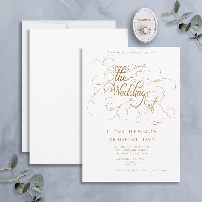 Invitation Élégant Mariage moderne Gold & White Script (Créateur téléchargé)