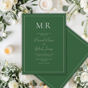Invitation Élégant Mariage Moderne Monogram Vert Chasseur