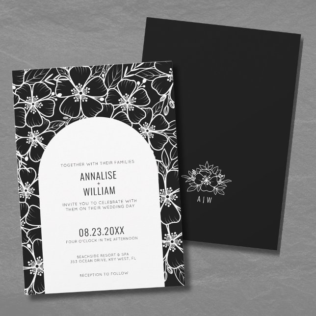 Invitation Élégant Mariage moderne noir blanc floral (Elegant Modern Black White Floral Wedding Invitation)