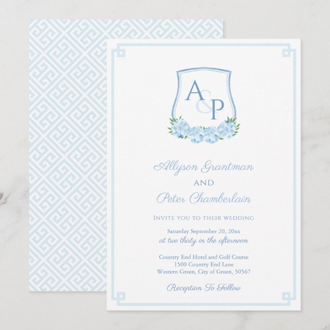 Invitation Élégant Mariage Monogram Crest Hydrangea Bleu (Devant / Derrière)