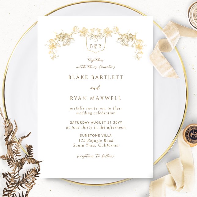 Invitation Élégant Mariage Monogramme blanc et or enchanteur (Créateur téléchargé)