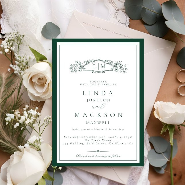 Invitation Élégant Mariage Monogramme Emerald Green Crest (Créateur téléchargé)