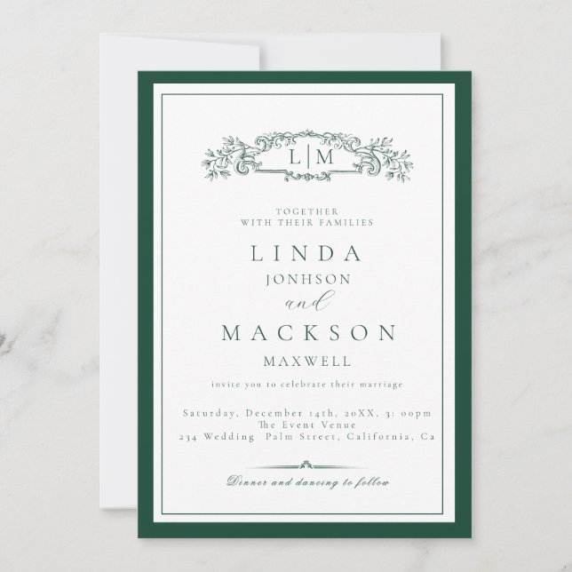 Invitation Élégant Mariage Monogramme Emerald Green Crest (Devant)
