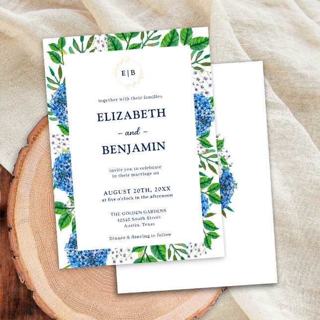 Invitation Élégant Mariage Monogramme Gold Blue Hydrangeas (Front / Back)