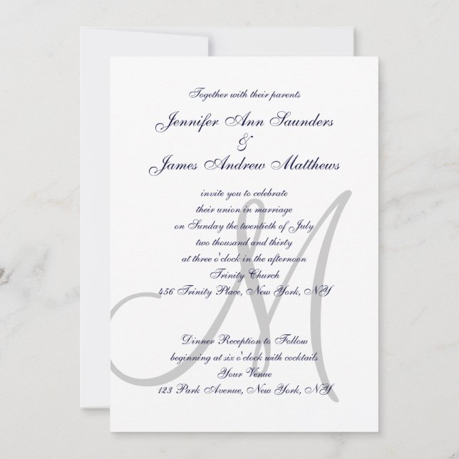 Invitation Élégant Mariage monogramme gris bleu marine (Dos)