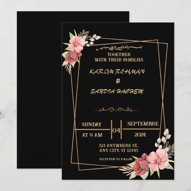 Invitation Élégant Mariage musulman noir et or (Devant / Derrière)