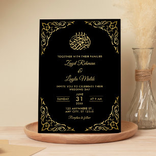 Invitation Elégant Mariage musulman noir et or arabesque