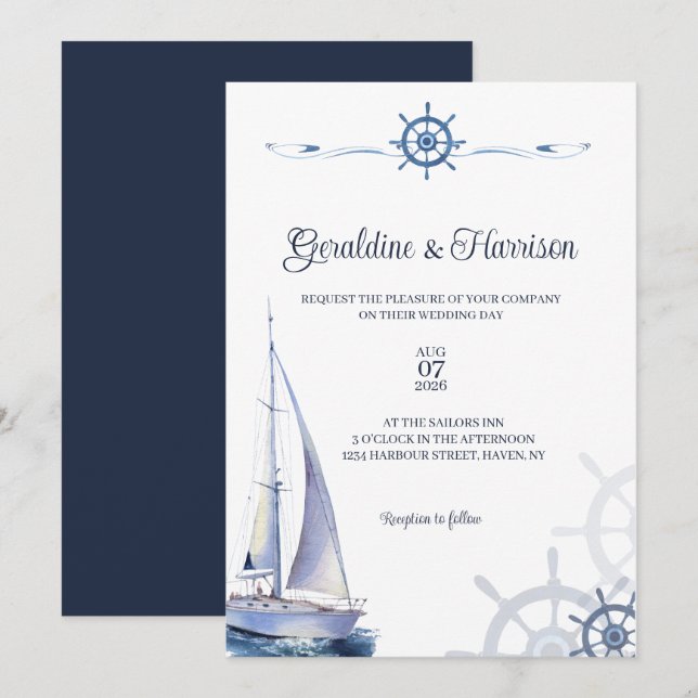 Invitation Elégant Mariage nautique (Devant / Derrière)