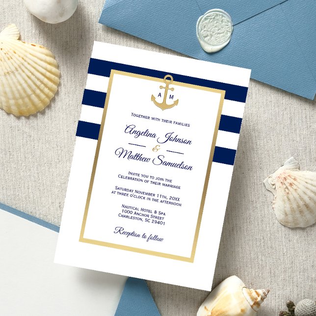 Invitation Élégant Mariage nautique bleu bleu blanc or (Créateur téléchargé)