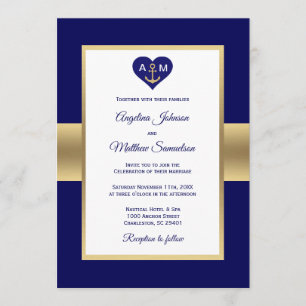 Invitation Élégant Mariage nautique de la Marine Blue Gold He