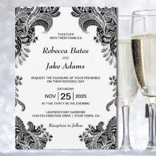 Invitation Élégant Mariage noir blanc dentelle