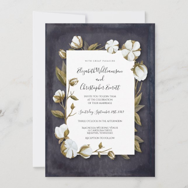 Invitation Élégant Mariage noir blanc en coton floral (Devant)