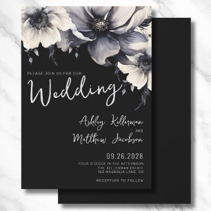Invitation Élégant Mariage noir boho manuscrit Floral