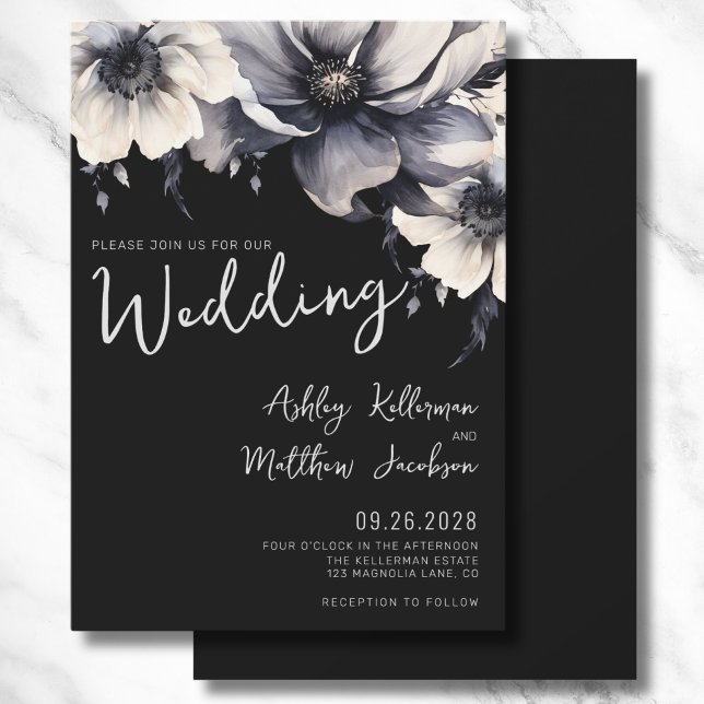 Invitation Élégant Mariage noir boho manuscrit Floral (Modern Elegant Script Floral Black White Wedding Invitation)