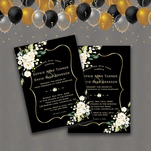 Invitation Elégant Mariage noir cadre or Fleurs blanches (trendy elegant modern white floral black gold wedding invitation)