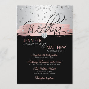 Invitation Élégant Mariage noir en argent rose